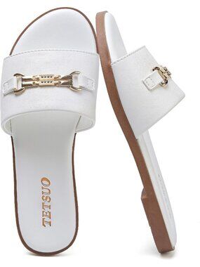 Women's Sandals Dressy Slide Sandals White Open Toe Slip On Flat Summer Sandals